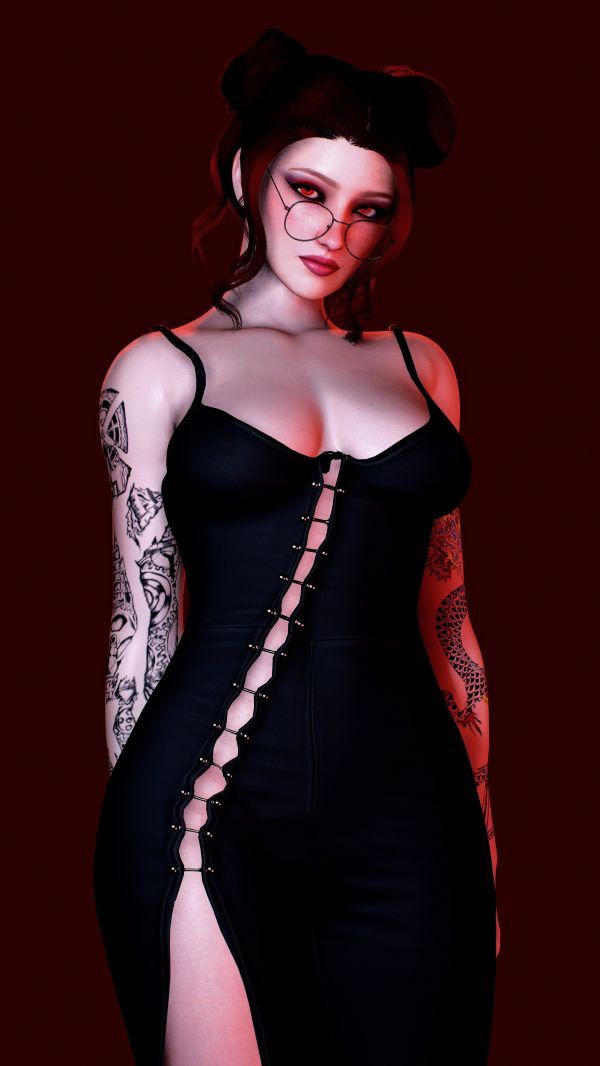 röda ögon,mary mushkin,NoPixel,kort hår,svart klänning,tatuering