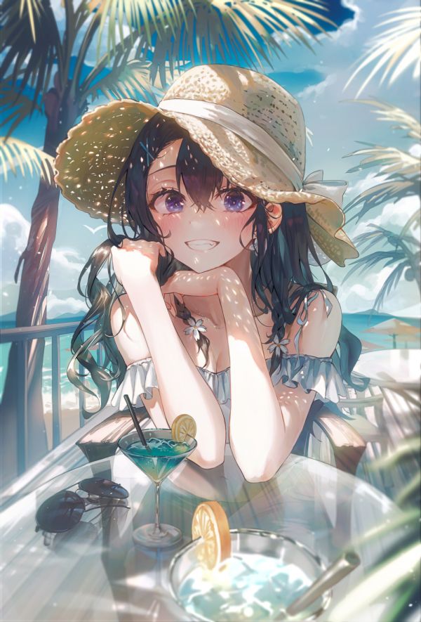 anime,anime girls,straw hat,hat,drink,beach