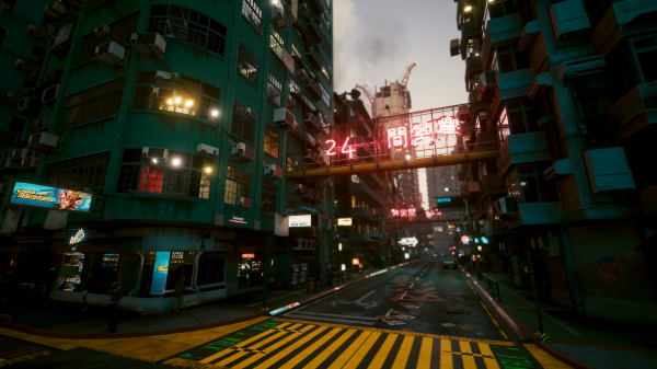 cyberpunk,gadekunst,cyberpunk 2077,bygning,by-,arkitektur