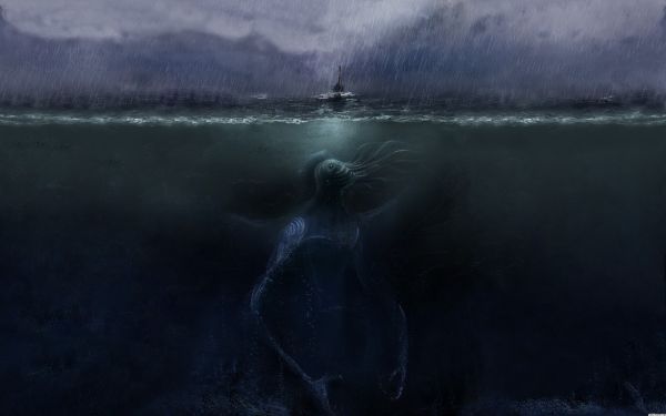 digital art,sea,sea monsters,reflection,rain,storm