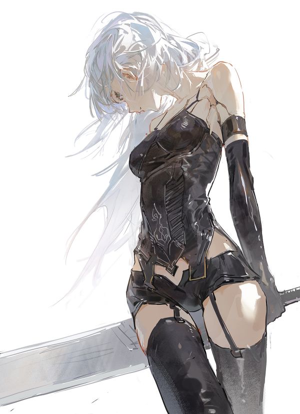 Nier Automata,A2 Nier Automata,opera d'arte,arte digitale,illustrazione,capelli lunghi