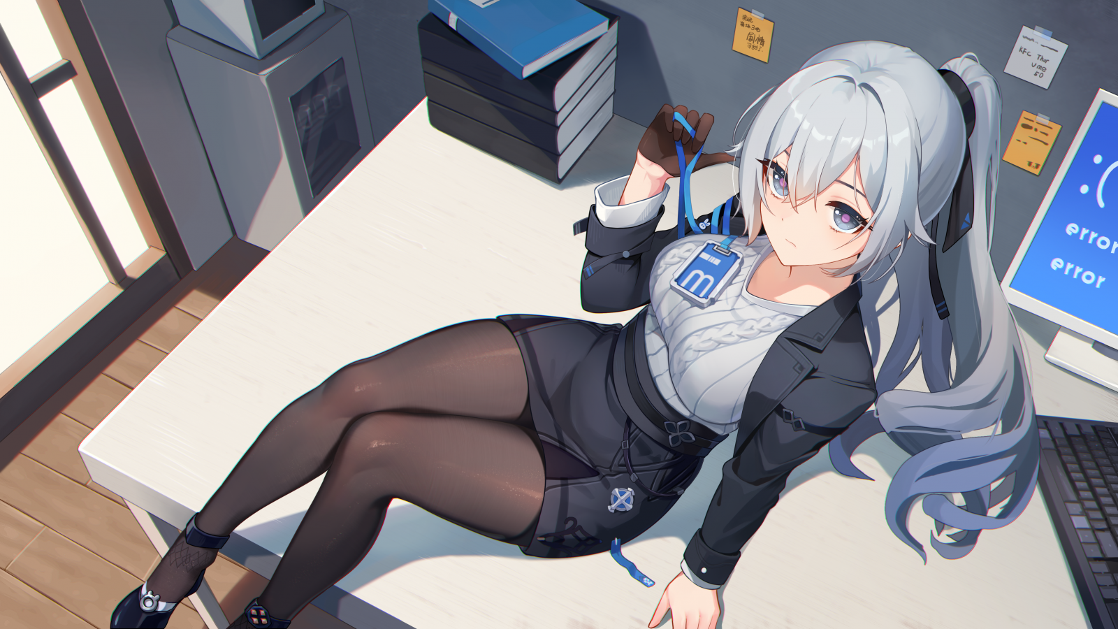 Honkai Impact, opera d'arte, Honkai Impact 3rd, fan art, Bronya Zaychik, anime, anime girls, capelli d'argento, coda di cavallo, grandi tette, maglione, mini-gonna, ufficio, collant, collant nero, computer, libri, scrivania