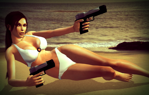 bikini, Tomb Raider, Lara Croft, white, gun, sand