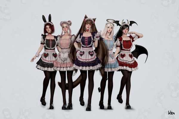 group of women,animal ears,long hair,Ida Faber,CGI,white background