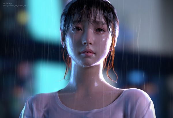 3D,render,digital art,women,Asian,wet