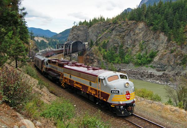 landscape, hill, vehicle, train, railway, river