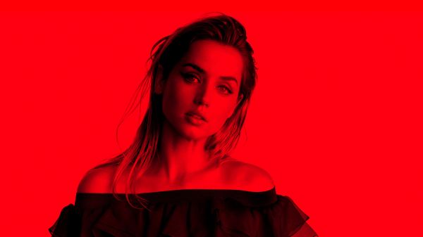 actress,looking at viewer,Ana de Armas,celebrity,red background