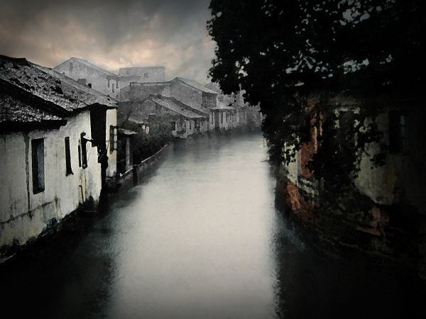 paesaggio, Cina, acqua, monocromo, strada, notte