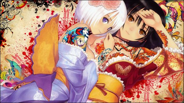 Tony Taka,Anime,Meninas anime,Peitos grandes,tatuagem,Olhos roxos