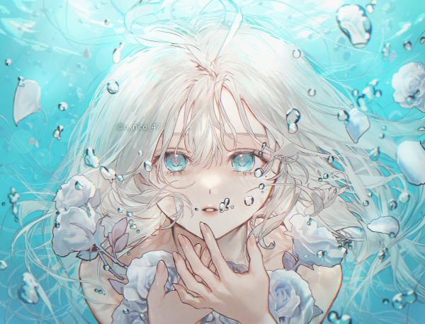 underwater,bubbles,light blue eyes,white hair,frontal view,white flowers