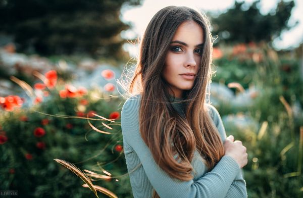 mujer,morena,Mujeres al aire libre,Bokeh,cara,pelo largo