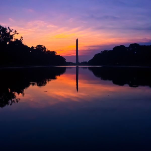 Washington DC,Washington-monumentet,afspejling,reflekterende pool,USA,solopgang