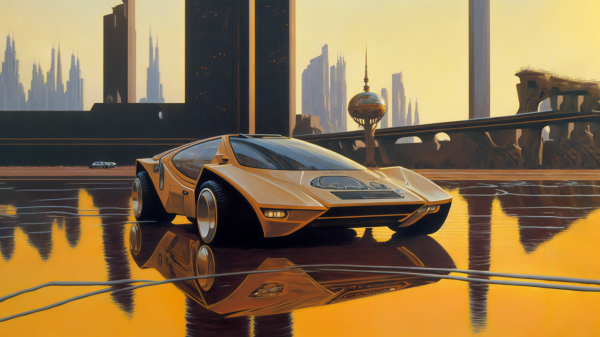 sports car,illustration,car,futuristic,retro science fiction,reflection