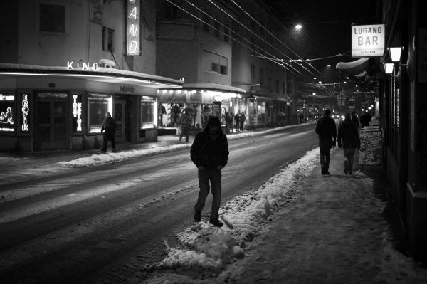 bianca, nero, monocromo, strada, notte, inverno