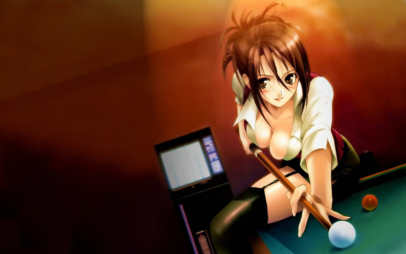 anime, anime girls, cleavage, original characters, pool table, games, screenshot, computer wallpaper