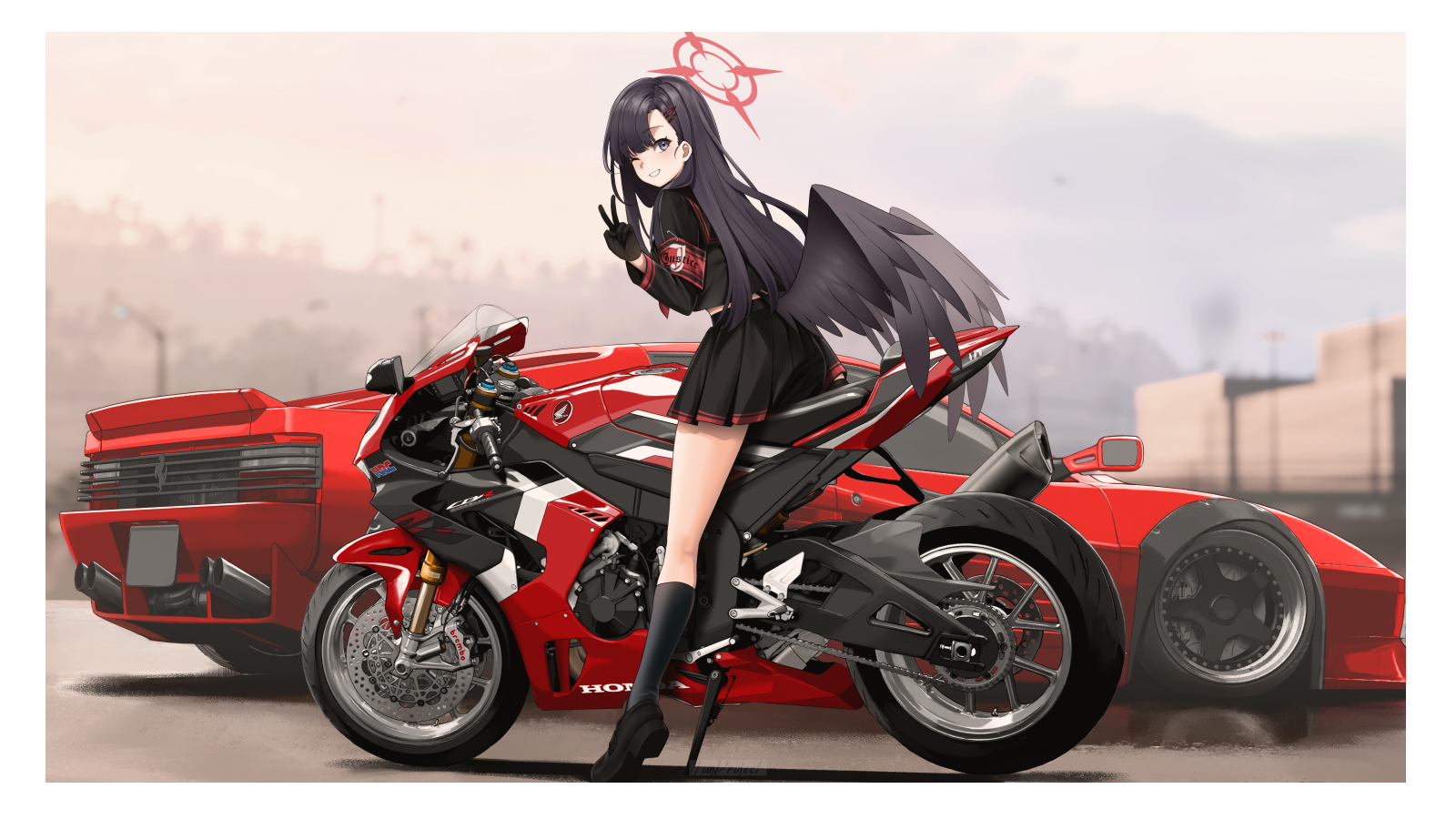 vinger, langt hår, svart hår, ser på betrakteren, Halo, Honda CBR1000RR R, Ferrari Testarossa, Liberty Walk, smilende, arm band, ben, hansker, Ichika Blue Archive, black skirts, Sorte sokker, svart skjorte, speilbilde, skoleuniform