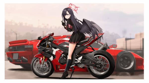 wings,long hair,Halo,black hair,looking at viewer,Honda CBR1000RR R