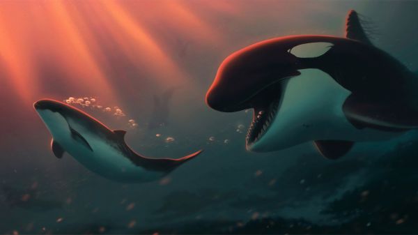 nature,animals,orca,digital art,underwater,bubbles