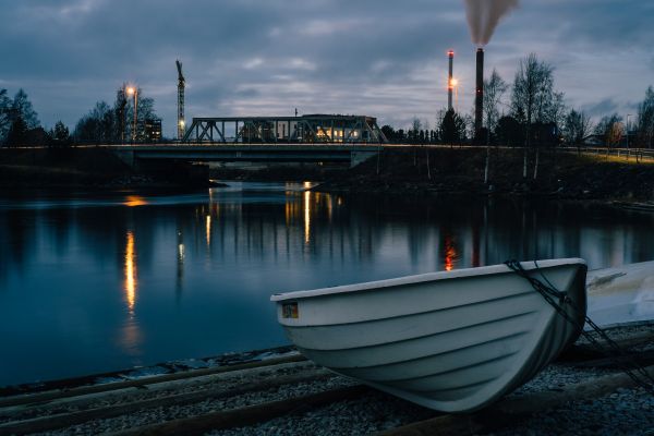 krajobraz, łódź, jezioro, światła, zachód słońca, noc