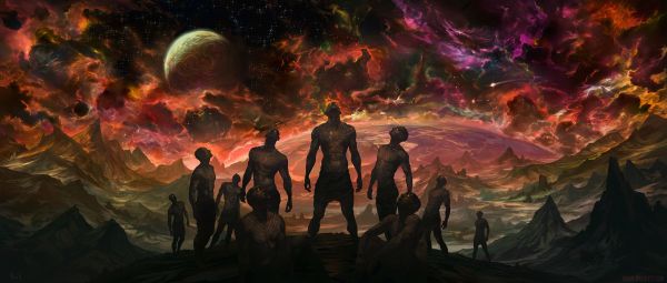 fantasy art,Noah Bradley,screenshot,planet,space,group of people