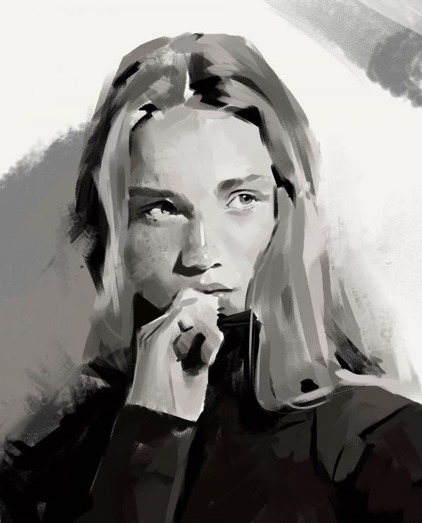 vrouw,monochroom,Looking at the side,blond,wegkijken,tekening