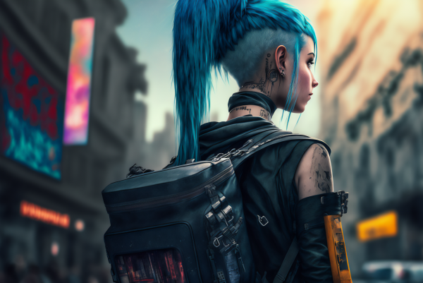 ai art, città, donne, zaini, cyberpunk, capelli blu