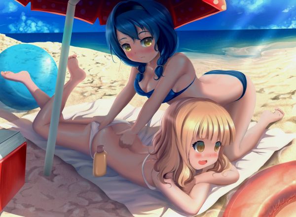 mare,anime,anime girls,spiaggia,illustrazione,cartone animato