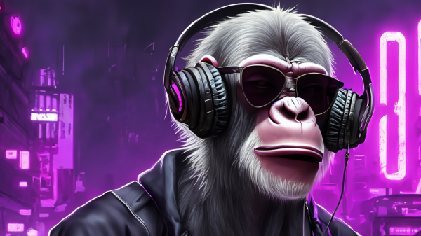 headphones,monkey,chimpanzees,music,cyberpunk,purple background