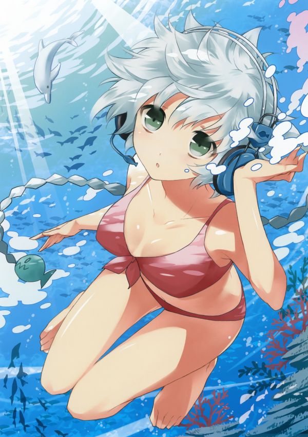 illustration,anime,anime girls,cartoon,underwater,headphones