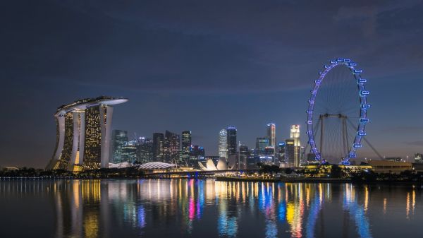 1920x1080 px,pariserhjul,Marina Bay,speilbilde,Singapore,skyline