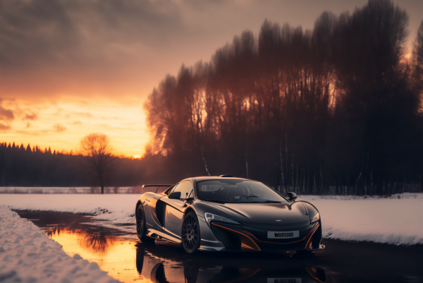 ai art,winter,snow,sports car,trees,sunrise