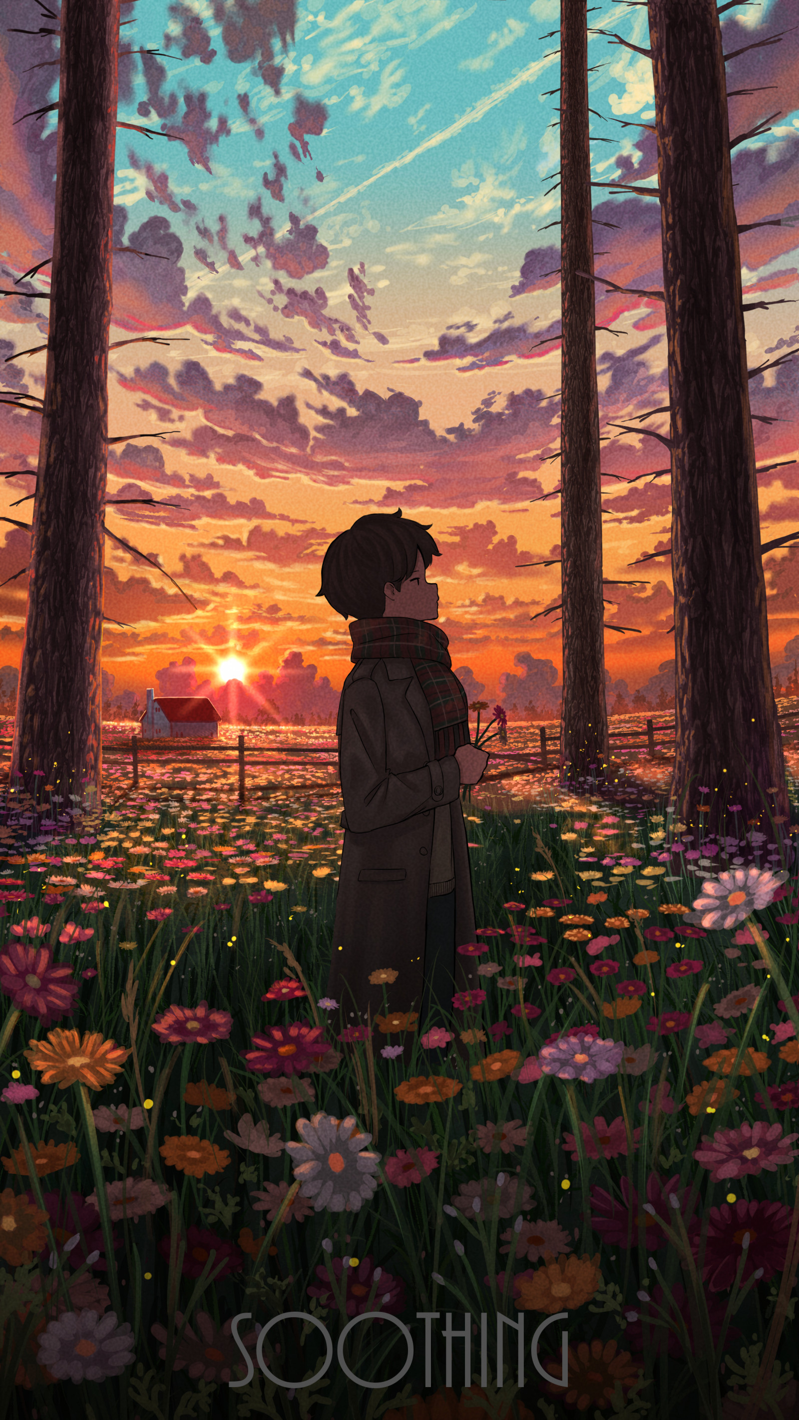 アニメ少年, brown coat, 日没, long sleeves, red scarfs, 立っている, フラワーズ, wood fence, sunset glow, フィールド, looking sideways, 空, 木, 雲, 家, フェンス, テキスト, 屋外, Pasoputi, スカーフ, 太陽