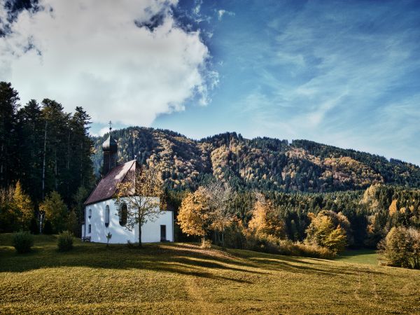 blue,trees,mountains,church,berg,bayern