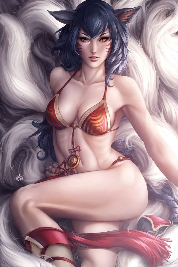 Anime,dessin animé,cheveux noirs,League of Legends,Ahri League of Legends,poitrine