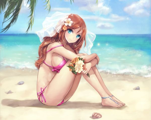 Anime,Anime Mädchen,Wasser,schwarzes Haar,Strand,Haar