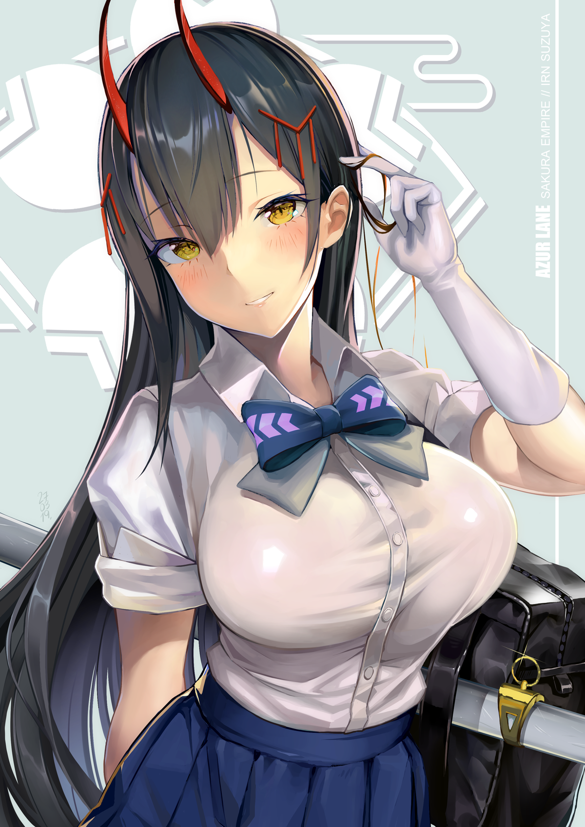 Suzuya Azur Lane, Azur Lane, Anime cô gái, đàn bà, tóc đen, tóc dài, Sừng, Cô gái quỷ, Cô gái tưởng tượng, Nhìn vào người xem, Mắt vàng, Đỏ mặt, Nữ sinh, đồng phục học sinh, Cuộn cung, áo sơ mi, váy, Túi xách, Katana, Vũ khí, găng tay, Găng tay trắng, touching hair, fanart, nghệ thuật số, 2D, hình minh họa, Bản vẽ, Anime, Alcoholrang