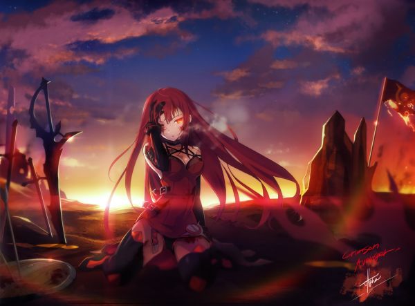 Ruiva, cabelo longo, Anime, Meninas anime, arma, vestido vermelho