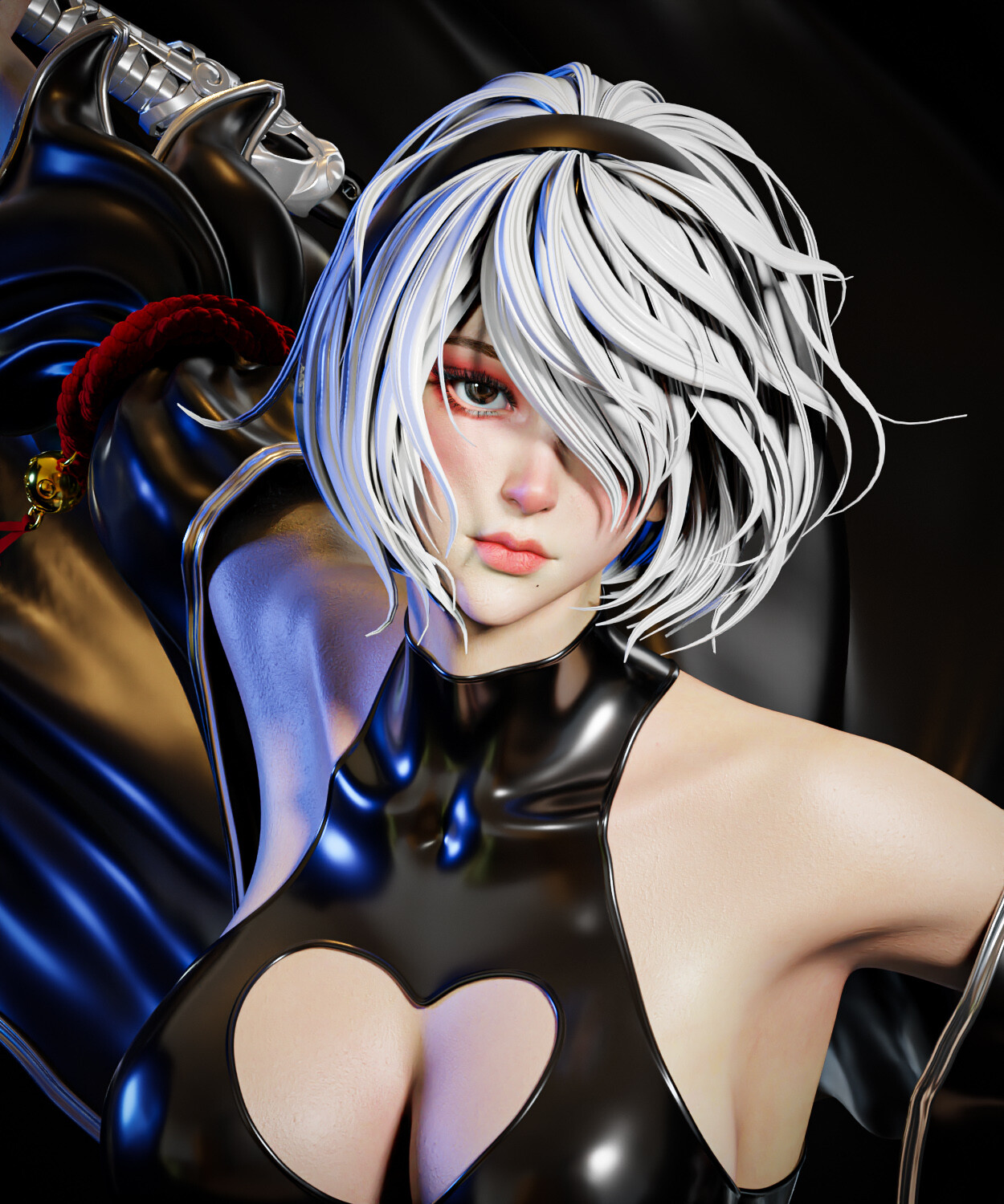 Redai YuLin, CGI, Kadınlar, gümüş saç, 2B Nier Automata, Nier Automata, saç bandı, Siyah giysiler, hair over one eye, heykel