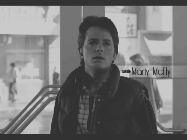 Michael J Fox,Marty McFly,monocromo,immagine dello schermo,bianco e nero,fotografia in bianco e nero