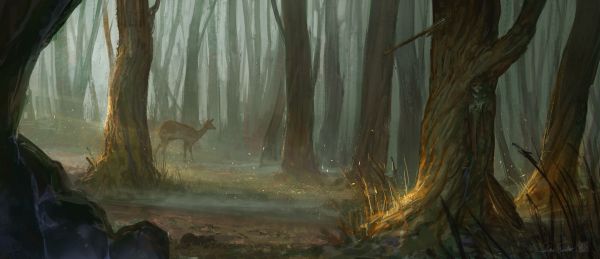 forest, deer, fantasy art, sunlight, jungle, swamp