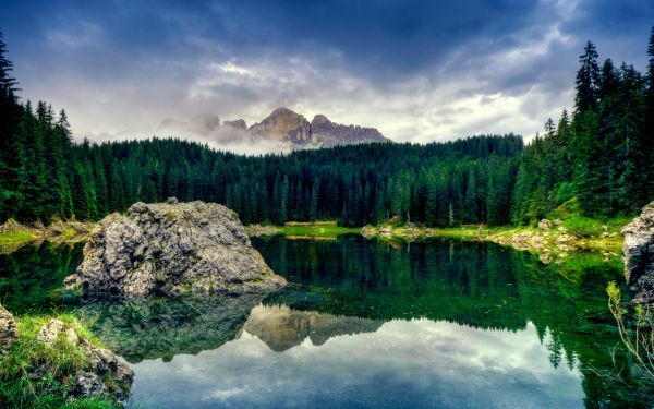 камък,блок,планини,езеро,среден,повърхността на водата