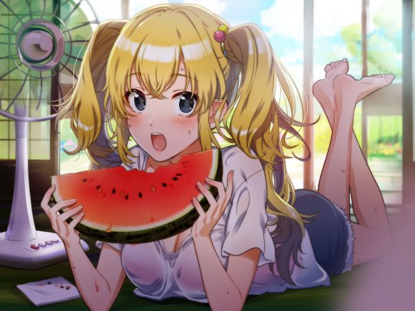 barefoot,twintails,blonde,blush,black eyes,food