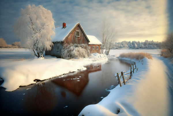 ai art, Árboles, invierno, nieve, canal, casa