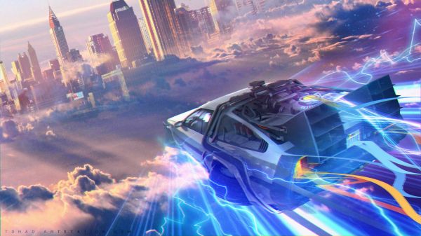 Машина времени,Назад в будущее,DMC DeLorean,Полет,Художественное произведение,Городской пейзаж