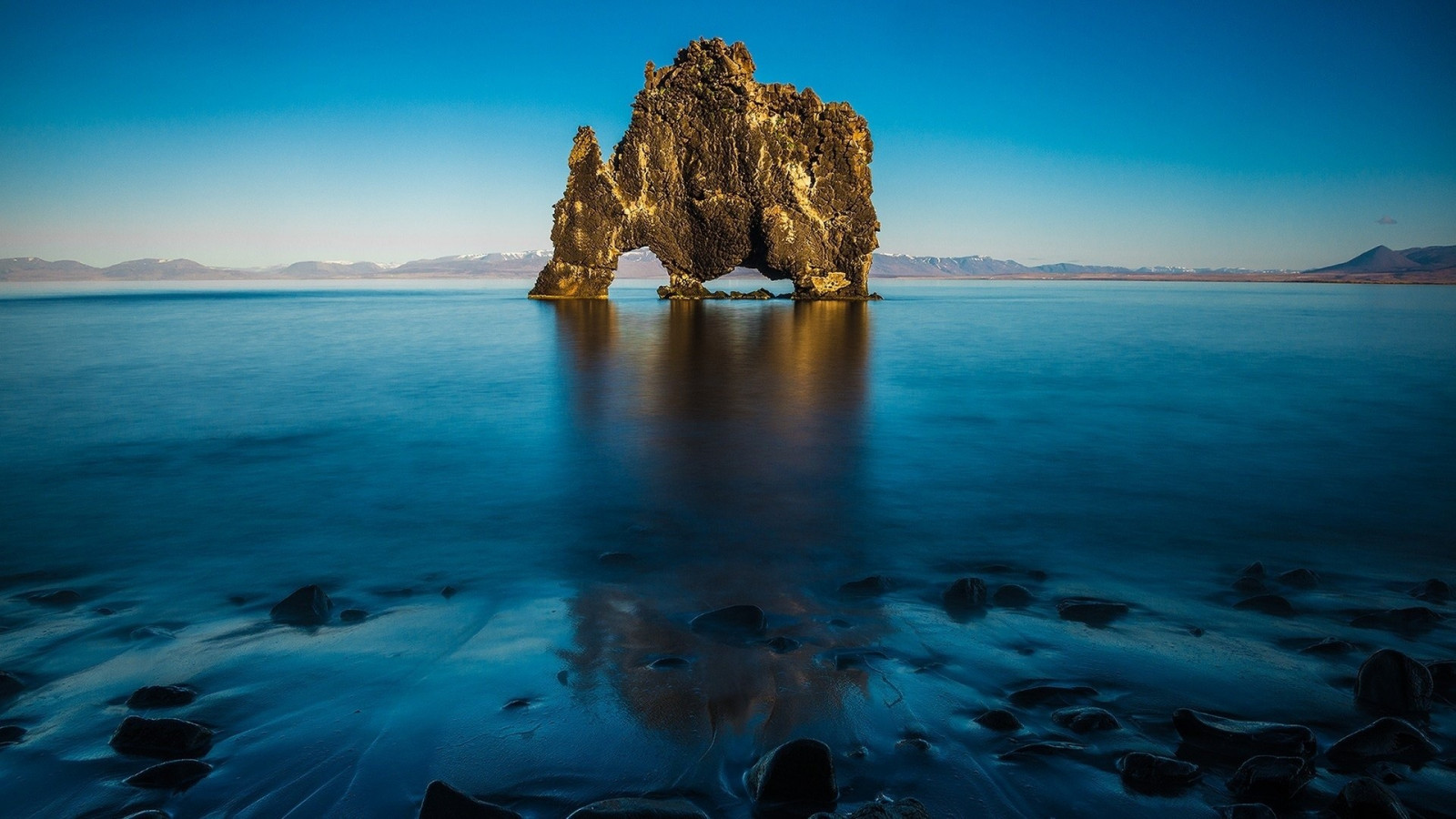 landscape, sea, water, rock, nature, shore, reflection, sky, calm, blue, coast, cliff, horizon, cape, Formation, Terrain, ocean, islet, 1920x1080 px, computer wallpaper, stack, promontory, coastal and oceanic landforms