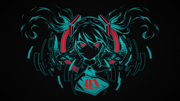 obrys,Hatsune Miku,Vocaloid,červené oči,twintails