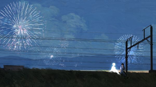 illustration,DannyLaiLai,fireworks,women,women outdoors,wires