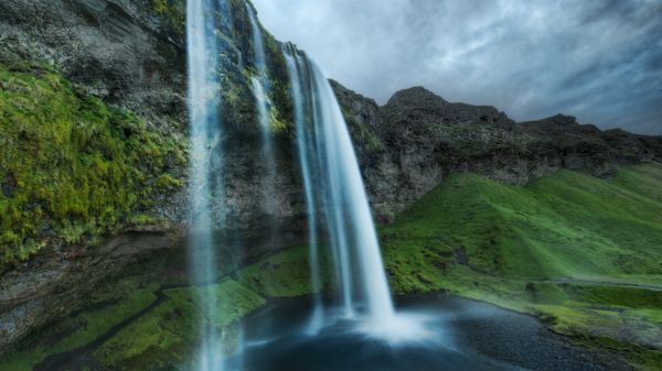 panorama,4k,Meia-noite,cascata,nuvens,Pedras