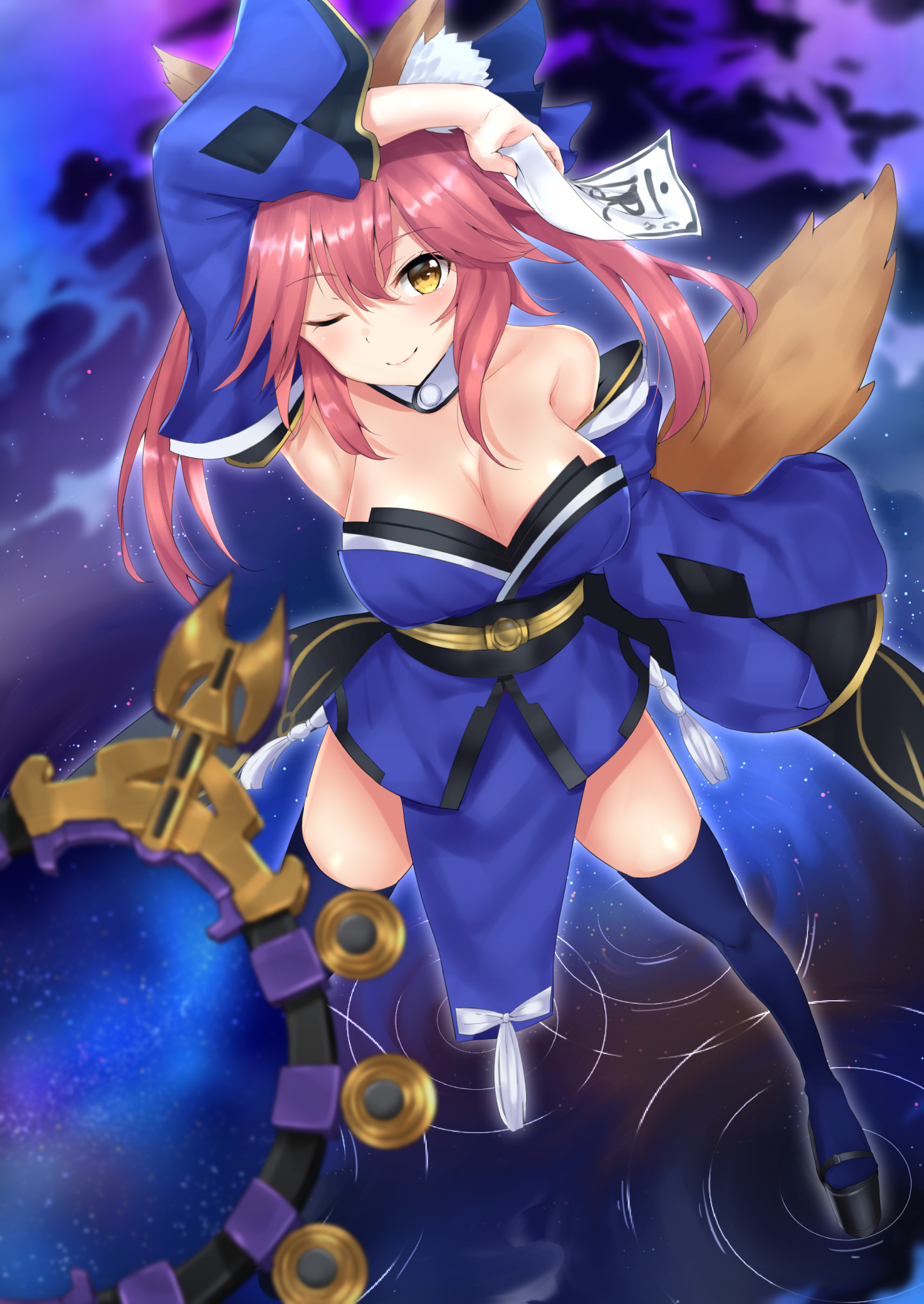 cleavage, animal ears, Caster Fate Extra, Fate Grand Order, Japanese clothes, fox girl, tail, thigh highs