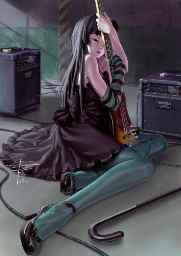 anime, gadis anime, gaun hitam, gitar, duduk, K ON